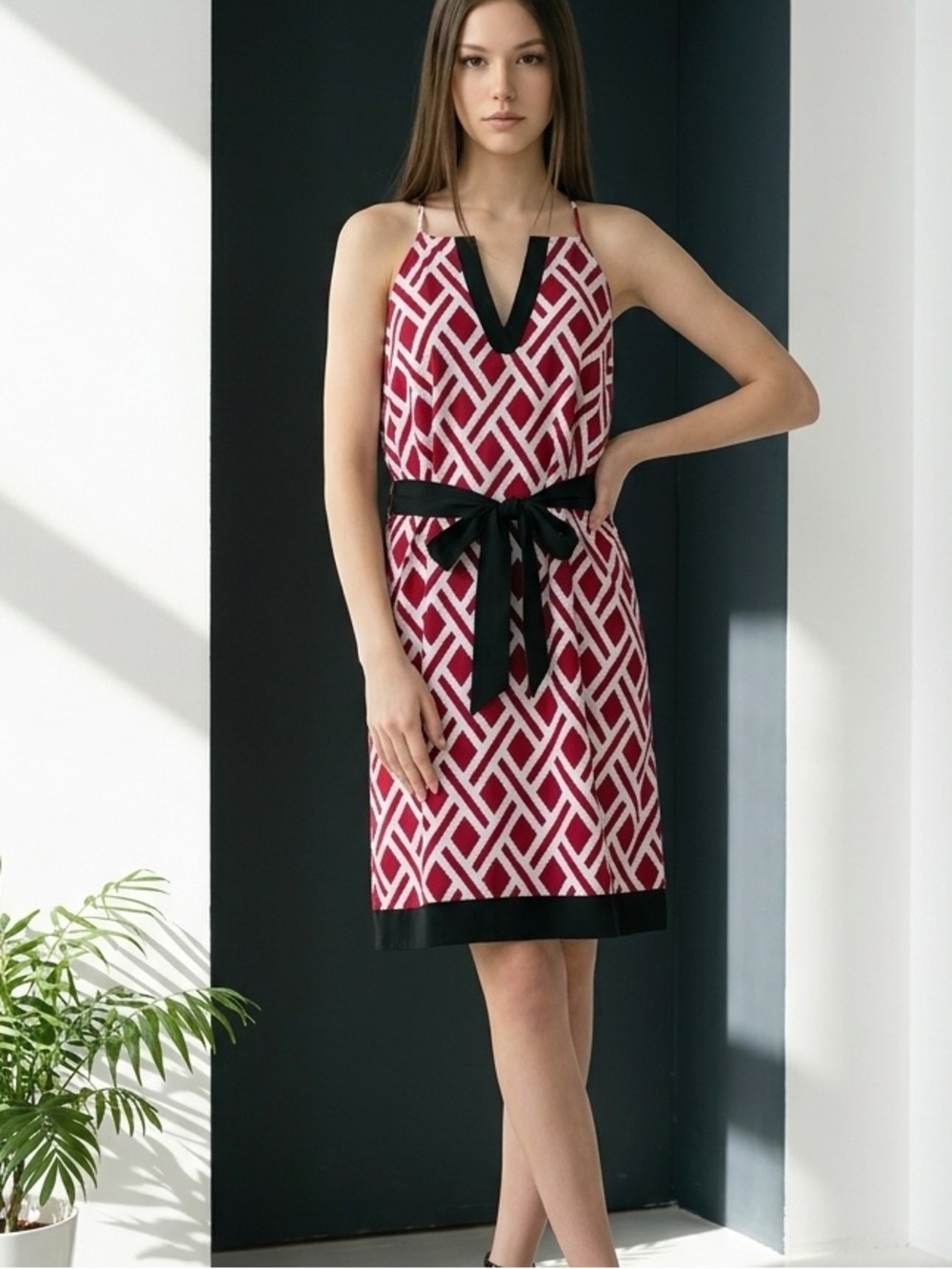 MudPie Geometric Dress with Black Tie Waist - Red/White